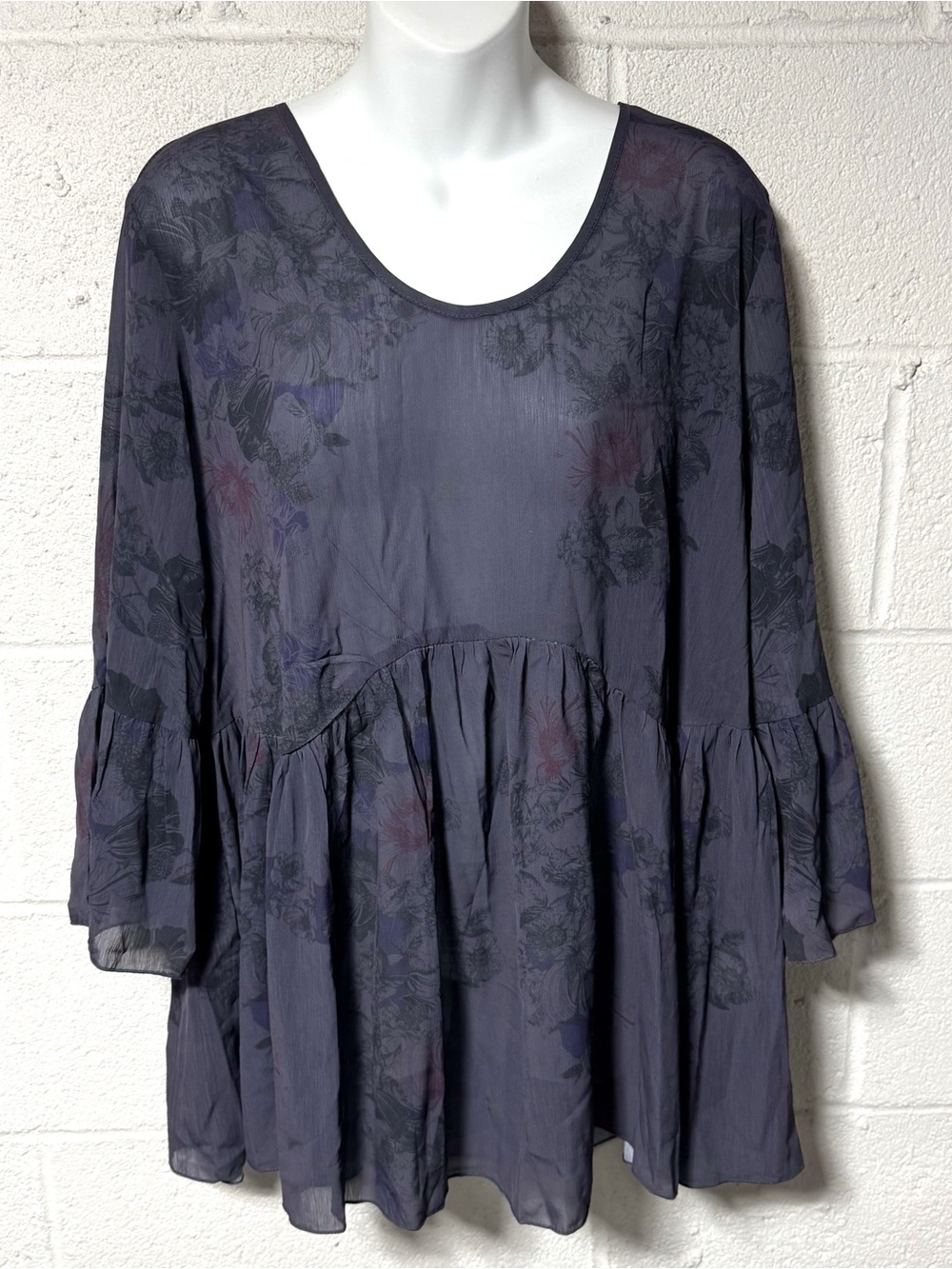 NWT Luukse Purple Floral Sheer Bell Sleeve Babydoll Top Blouse XL Boho Romantic